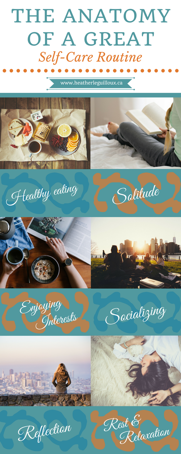 Blog article @hleguilloux focusing on six fundamental areas of a self-care routine including #healthyeating #solitude #interests #socializing #reflection #rest & #relaxation - includes links & resources to help build your own great self-care routine! #selfcare #routine #wellness #blog