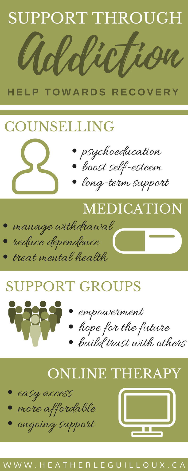 This fourth article in a series focusing on addiction will focus on ways that an individual can find support through their addiction and will highlight the benefits of counselling, medication, accessing support groups, as well as online therapy. #addiction #support #treatment